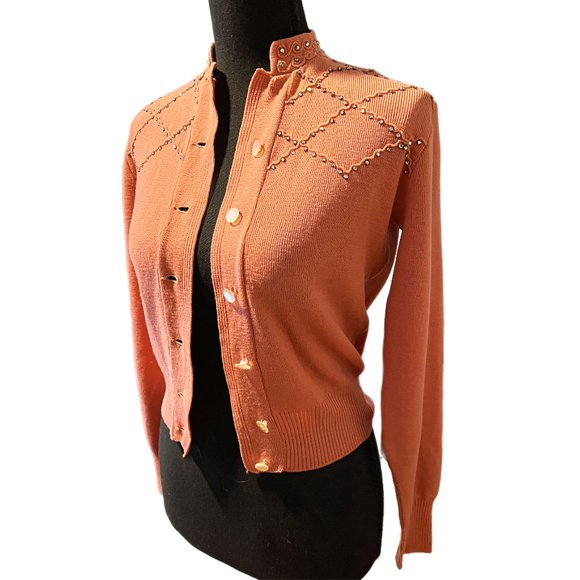 Vintage Sweaters - 1950s coral jeweled cardigan with amazing stitching details